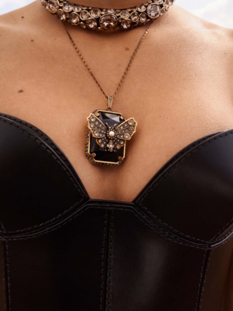 Gold Bee Pendant Necklace With Black Stone
